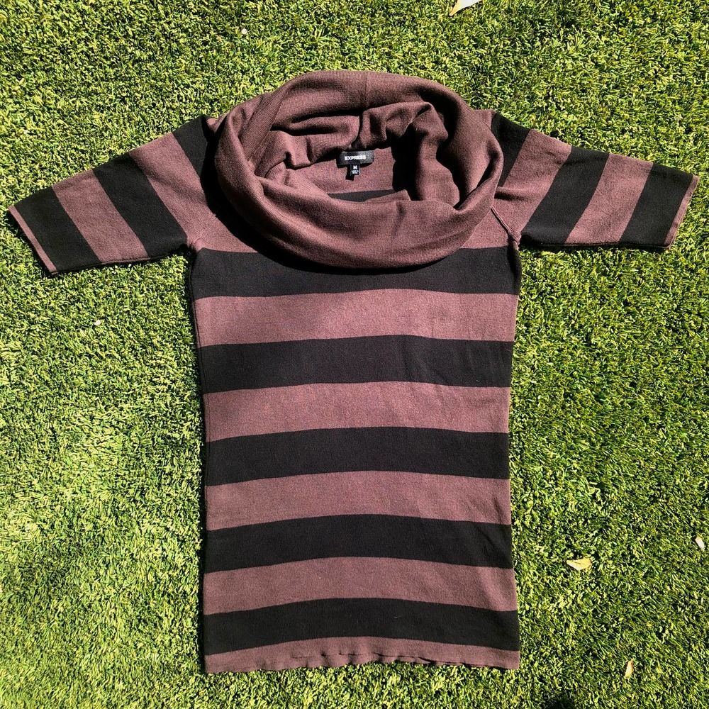 Express Cowl Neck Short Sleeve Sweater Striped Womens Medium